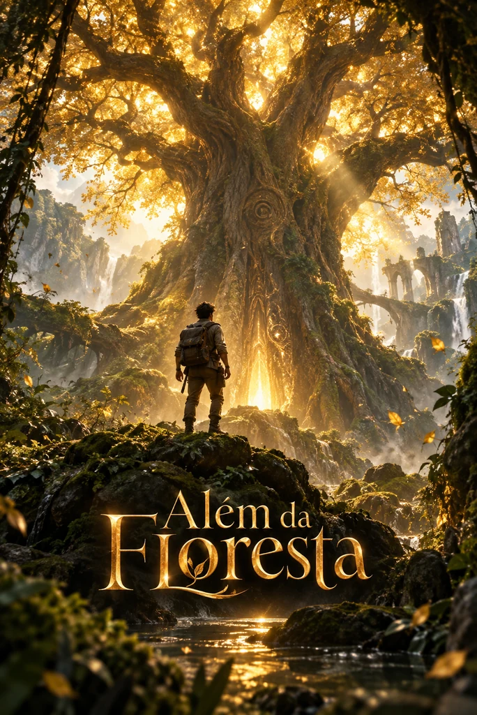 Exploradora diante de uma árvore ancestral com folhas douradas numa floresta encantada.