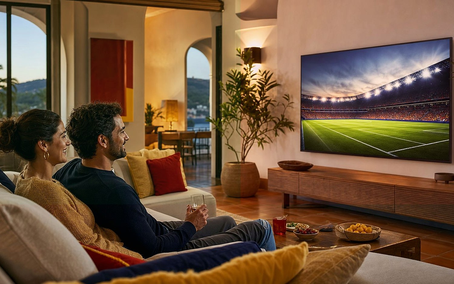 Família a utilizar IPTV Portugal na televisão