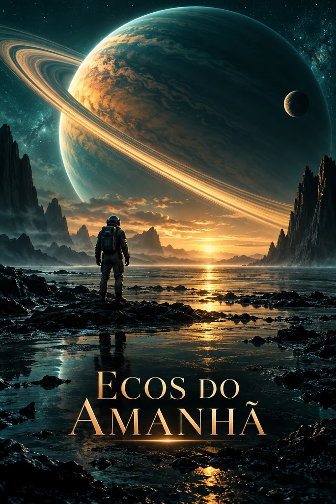 Astronauta numa costa alienígena sob um enorme planeta luminoso com anéis.