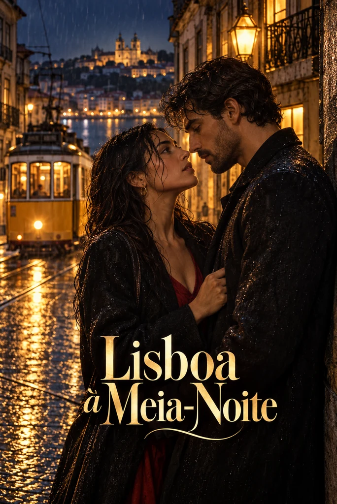 Duas pessoas numa rua chuvosa de Lisboa, com um elétrico amarelo e janelas iluminadas.