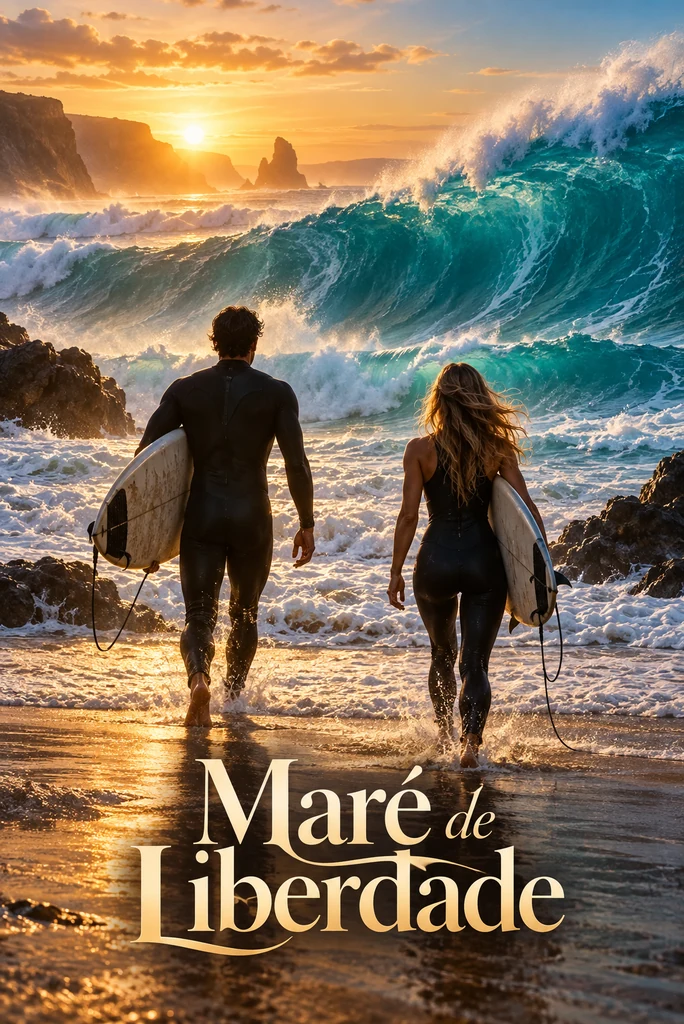 Dois surfistas com pranchas caminham em direção às ondas turquesa do Atlântico ao nascer do sol.