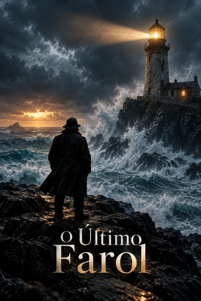 Faroleiro diante de um farol iluminado, rodeado por ondas e nuvens de tempestade.
